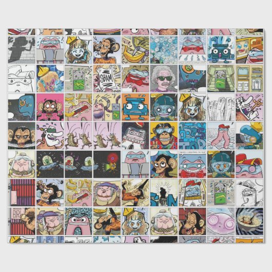 おもしろいカラフル漫画キャラクターのグリッドパターン ラッピングペーパー (フラット)