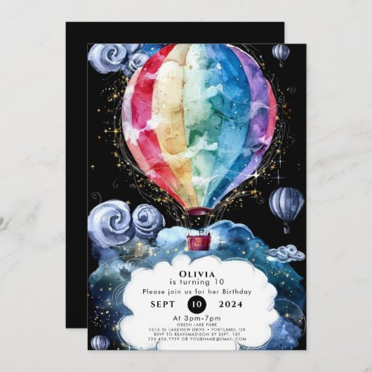 おもしろいカラフル熱気球誕生日 招待状 (正面/裏面)