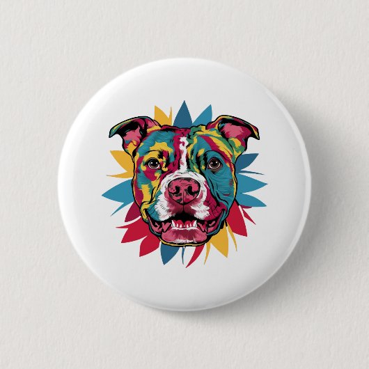 おもしろいカラフル犬ピットブル 缶バッジ (正面)