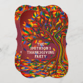 おもしろいカラフル秋ツリーサンクスギビングミータップパーティー 招待状 (正面/裏面)