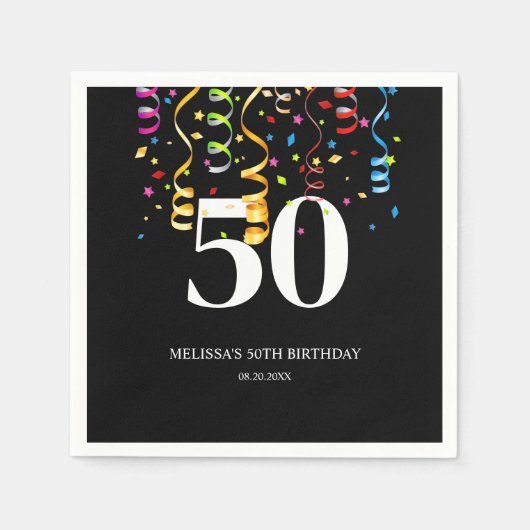 おもしろいカラフル紙吹雪リボンブラック50誕生日 スタンダードカクテルナプキン (正面)
