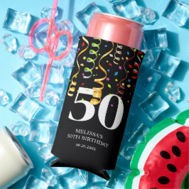 おもしろいカラフル紙吹雪リボンブラック50誕生日 スリム缶クーラー