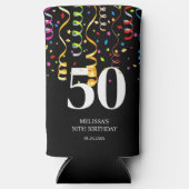 おもしろいカラフル紙吹雪リボンブラック50誕生日 スリム缶クーラー (正面)