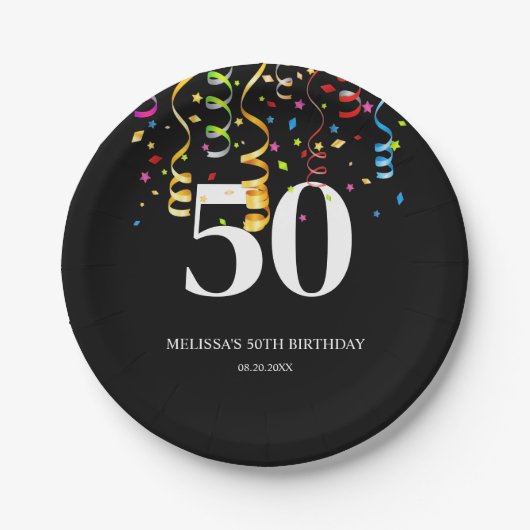 おもしろいカラフル紙吹雪リボンブラック50誕生日 ペーパープレート (正面)