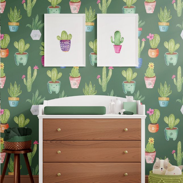 おもしろいカラフル鉢植えサボテンカスタム植物 壁紙 (Fun Colorful Potted Cactus Plants Custom Monogram Wallpaper)