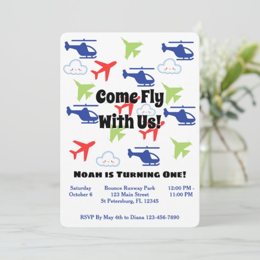 おもしろいカラフル飛行機、少年の誕生日 招待状 (スタンド正面)