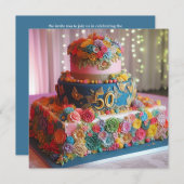 おもしろいカラフル50結婚周年記念ケーキ 招待状 (正面/裏面)