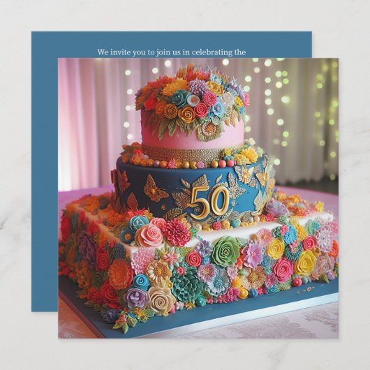 おもしろいカラフル50結婚周年記念ケーキ 招待状 (正面/裏面)