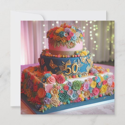 おもしろいカラフル50結婚周年記念ケーキ 招待状 (正面)