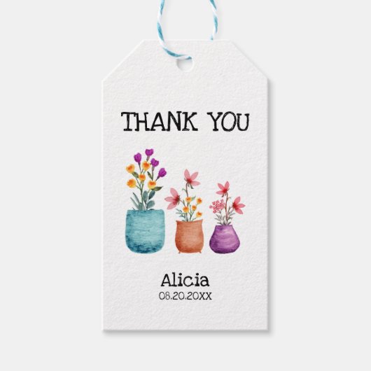 おもしろいカラフル&フラワーオンポット水彩ありがとう ギフトタグ (正面)