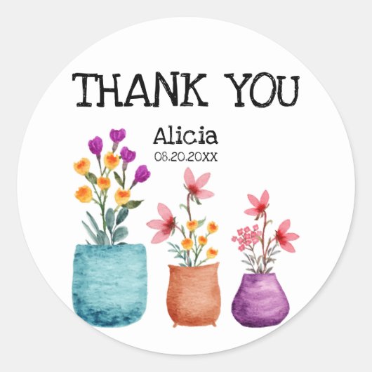 おもしろいカラフル&フラワーオンポット水彩ありがとう ラウンドシール (正面)