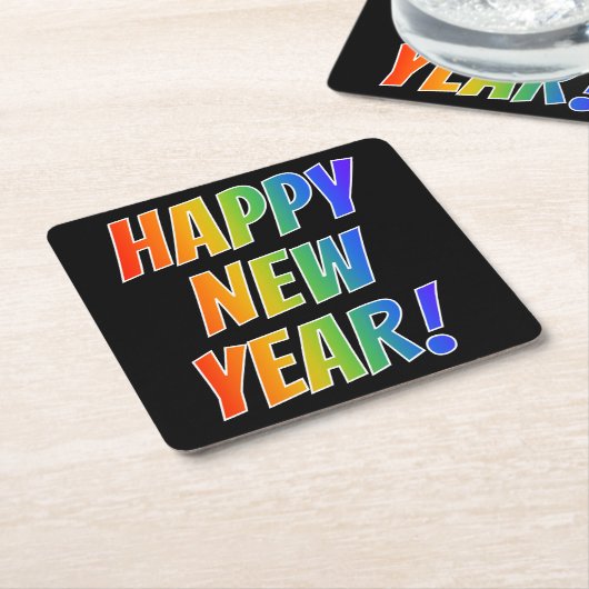 おもしろいカラフル、レインボースペクトル「新年おめでとう!」 スクエアペーパーコースター (アングル)