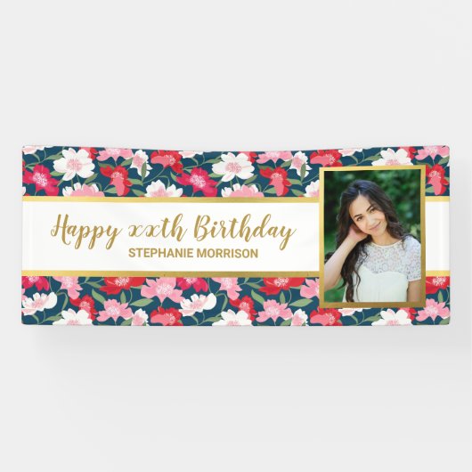 おもしろいカラフル、任意の年齢、あなたの写真誕生日 横断幕 (横)