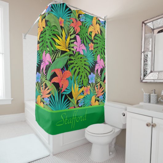 おもしろいカラフル、名前を追加する熱帯葉と花 シャワーカーテン (インサイチュ)