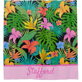 おもしろいカラフル、名前を追加する熱帯葉と花 シャワーカーテン