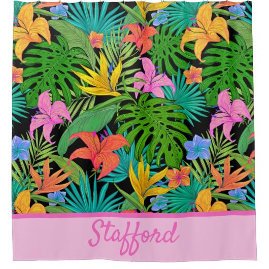 おもしろいカラフル、名前を追加する熱帯葉と花 シャワーカーテン (正面)