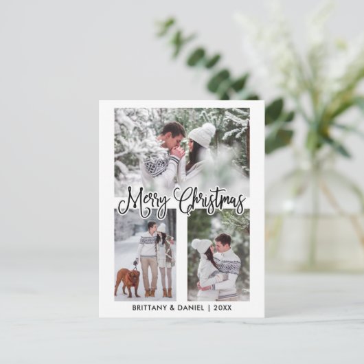 おもしろいカリグラフィ3フォトカップルクリスマスホリデー ポストカード (スタンド正面)