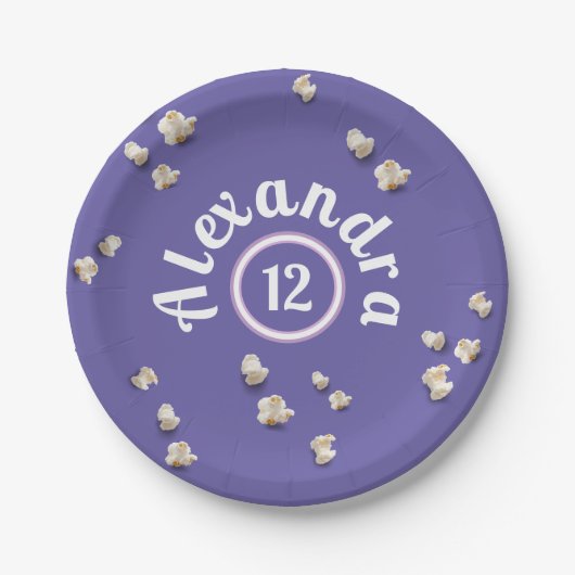 おもしろいガーリーパープル&ピンクポップコーン誕生日パーティー ペーパープレート (正面)