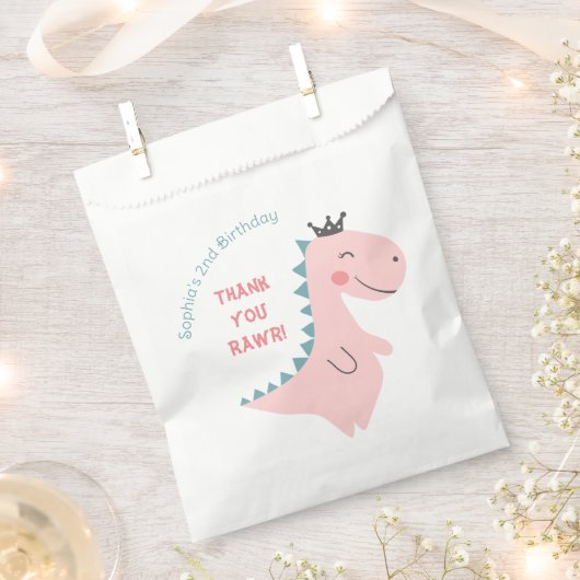 おもしろいガーリーピンクティール（緑がかった色）恐竜誕生会 フェイバーバッグ (クリップ留めされた状態)