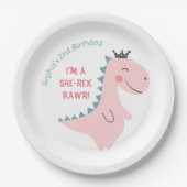 おもしろいガーリーピンクティール(緑がかった色)恐竜誕生会 ペーパープレート (正面)