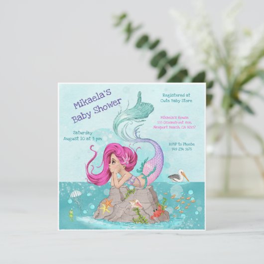 おもしろいガーリーピンクヘアマーメイドベビーシャワー 招待状 (スタンド正面)