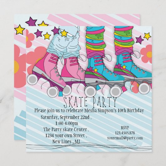 おもしろいガールズローラスケートで滑る誕生日パーティーの招待 招待状 (正面/裏面)