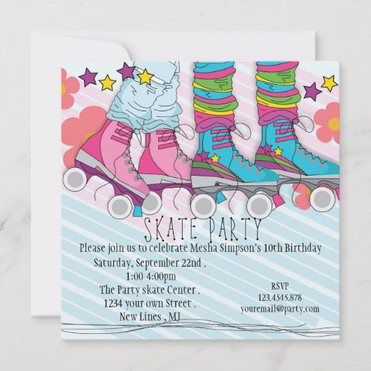 おもしろいガールズローラスケートで滑る誕生日パーティーの招待 招待状 (正面)