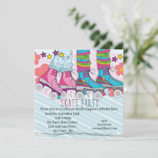 おもしろいガールズローラスケートで滑る誕生日パーティーの招待 招待状 (スタンド正面)