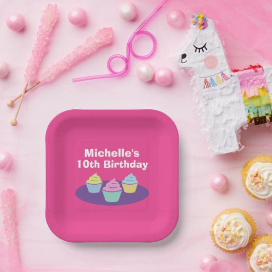 おもしろいキッズカップケーキ誕生日パーティーカスタムピンク ペーパープレート (パーティー)