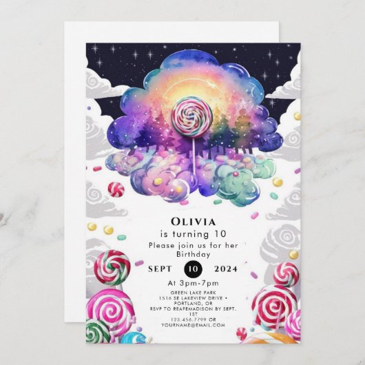 おもしろいキッズキャンディランド誕生日 招待状 (正面/裏面)