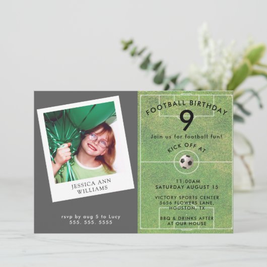 おもしろいキッズサッカー、写真QRコード誕生日パーティー 招待状 (スタンド正面)