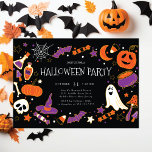 おもしろいキッズハローウィンパーティ 招待状<br><div class="desc">この不気味なおもしろいの招待状には、幽霊、ジャック・オランタン、こうもり、スパイダー、魔女の帽子、スカル、紫、黒、オレンジ色のハロウィンキャンディが含まれている。お子様の友達を不気味な甘いハローウィンパーティに招待状する完璧な方法で、彼らは彼らのモンスター来の服装ですお気に入りのる。</div>