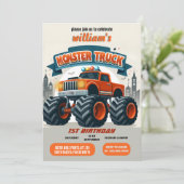 おもしろいキッズボーイクールカー怪獣トラック1歳の誕生日 招待状 (スタンド正面)
