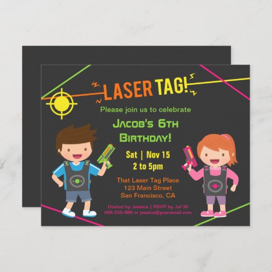 おもしろいキッズレーザーラベルバースデーパーティ招待状 招待状 (正面/裏面)