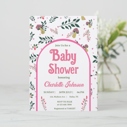 おもしろいキノコとおとぎ話ガーデン赤ちゃんシャワー 招待状 (スタンド正面)