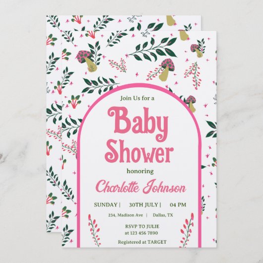 おもしろいキノコとおとぎ話ガーデン赤ちゃんシャワー 招待状 (正面/裏面)