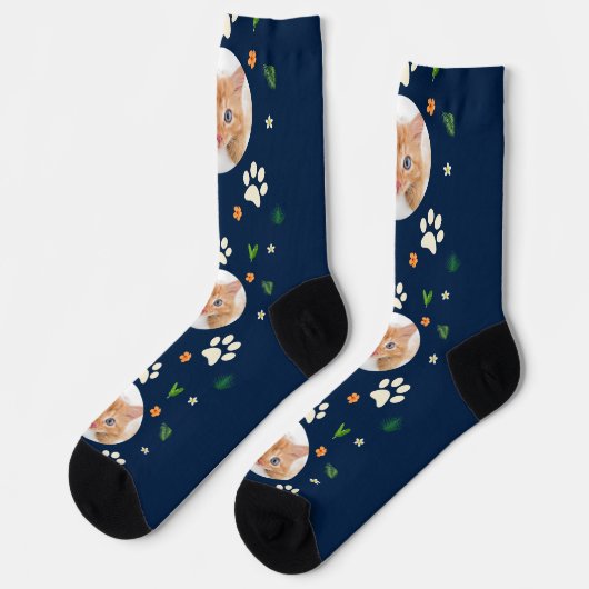 おもしろいキャットフォトネイビーブルー熱帯ハワイアン ソックス (左)