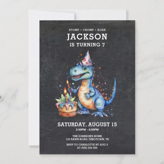 おもしろいキュート恐竜の黒板子供の誕生日 招待状 (正面)