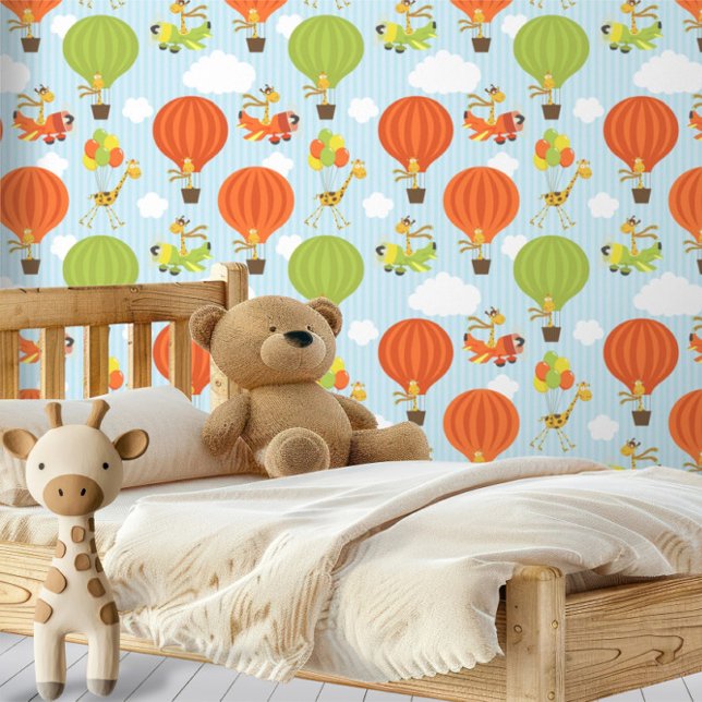 おもしろいキリン風船・飛行機模様 壁紙 (Fun Giraffe in Air Balloons and Planes Pattern Wallpaper by Ricaso. Children's bedroom decor)