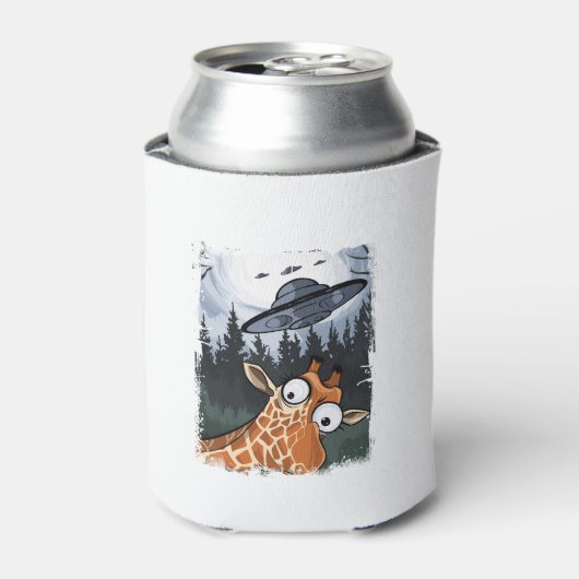 おもしろいキリンUFO動物園の動物の風変わりミームグラフィック 缶クーラー (缶正面)