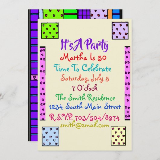 おもしろいキルト誕生日パーティーの招待 招待状 (正面/裏面)