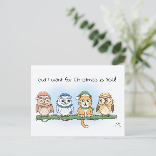 おもしろいクリスマスに欲しい漫画のフクロウ シーズンポストカード (スタンド正面)