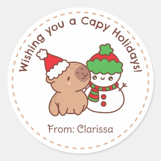 おもしろいクリスマスのシール – Capybara & 雪だるま ラウンドシール (正面)