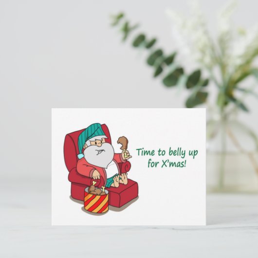 おもしろいクリスマスのポストカード：サンタが膨らむ シーズンポストカード (スタンド正面)