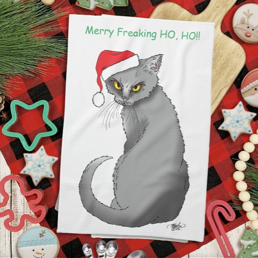 おもしろいクリスマスの不機嫌な猫 キッチンタオル