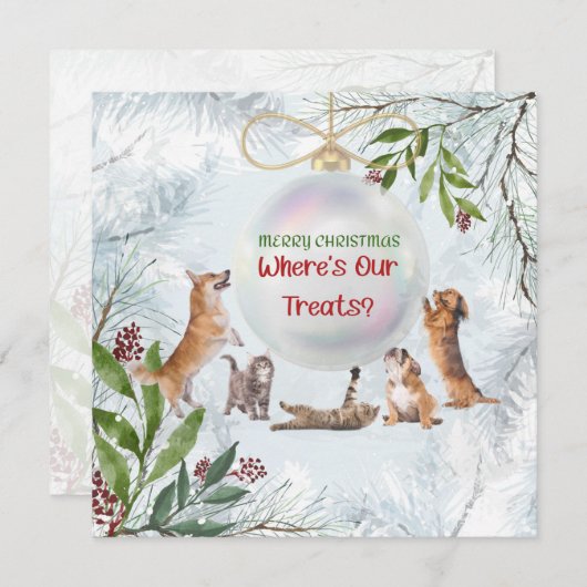 おもしろいクリスマスの猫と犬：かわいい動物のカード (正面/裏面)