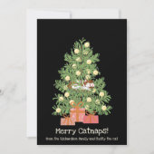 おもしろいクリスマスの猫の昼寝！ 黒いクリスマスツリーの上の猫 シーズンカード (正面)