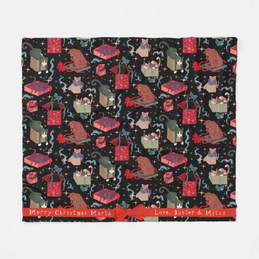 おもしろいクリスマスの箱の中の猫パーソナライズされた フリースブランケット (正面(横))