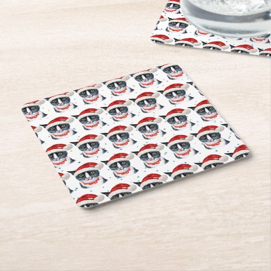 おもしろいクリスマスの黒猫と白猫の水色 スクエアペーパーコースター (アングル)