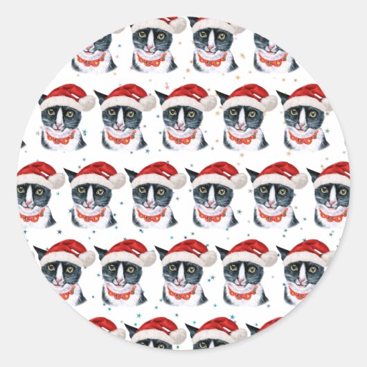 おもしろいクリスマスの黒猫と白猫の水色 ラウンドシール (正面)